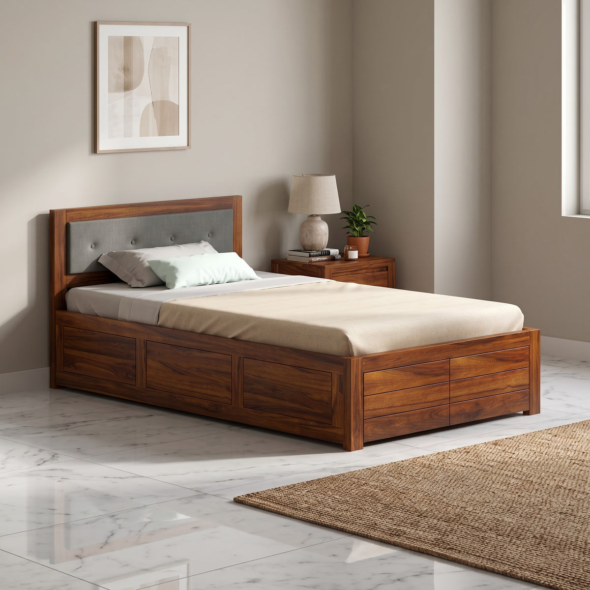 EURO Solid Sheesham Wood 4 Feet Bed With Box Storage - 3 Years Warranty