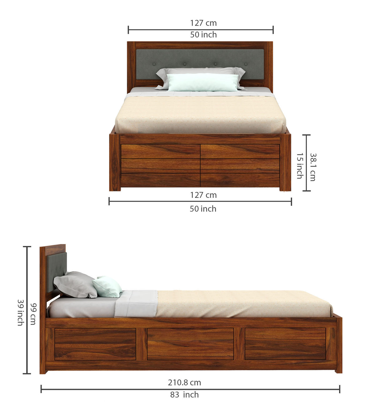EURO Solid Sheesham Wood 4 Feet Bed With Box Storage - 3 Years Warranty