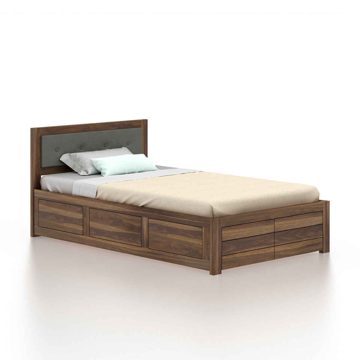 EURO Solid Sheesham Wood 4 Feet Bed With Box Storage - 3 Years Warranty