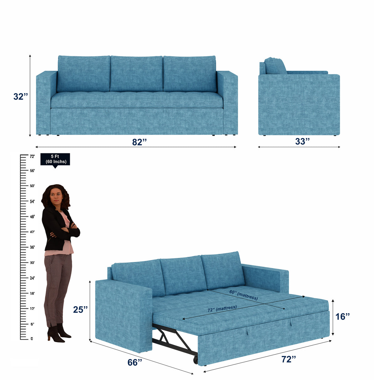 FABRIO Three Seater Upholstered Sofa Cum Bed Textured Suede - 12 Months Warranty -Suede Blue