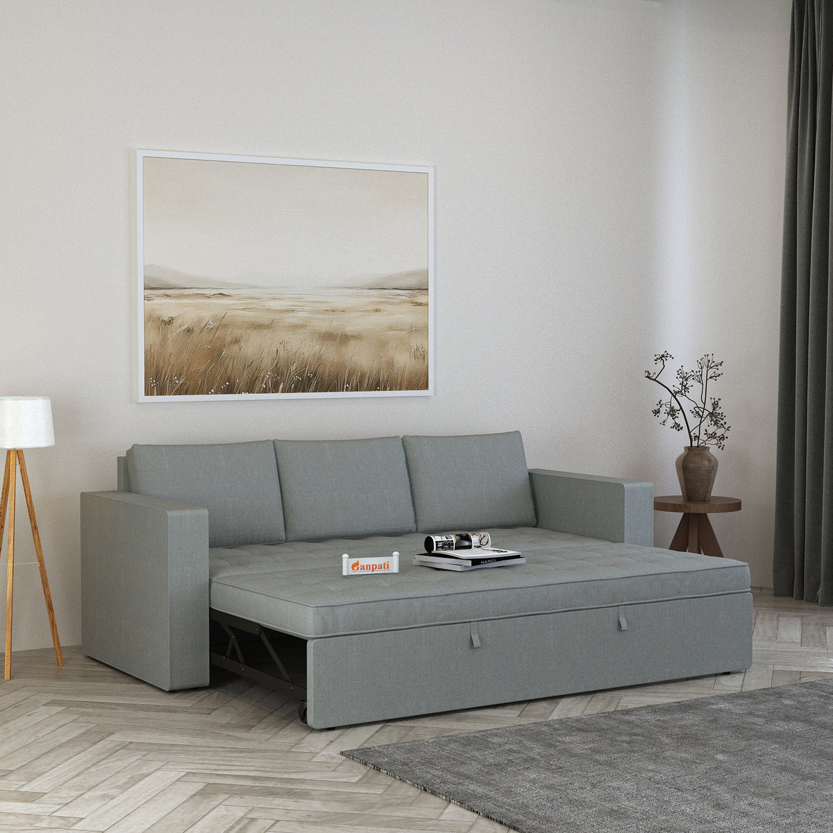 FABRIO Three Seater Upholstered Sofa Cum Bed Velvet - 12 Months Warranty - GREY
