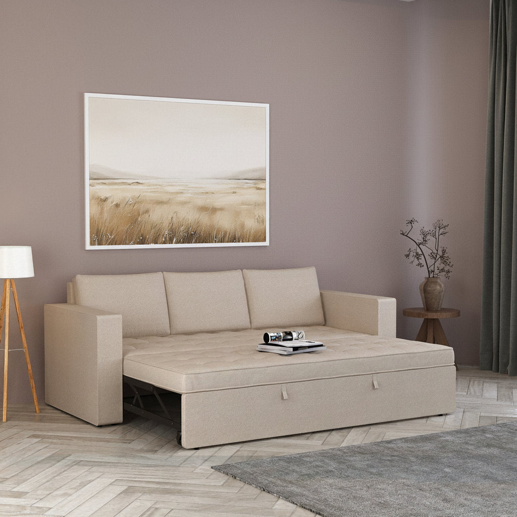 FABRIO Three Seater Upholstered Sofa Cum Bed Velvet - 12 Months Warranty - CREAM