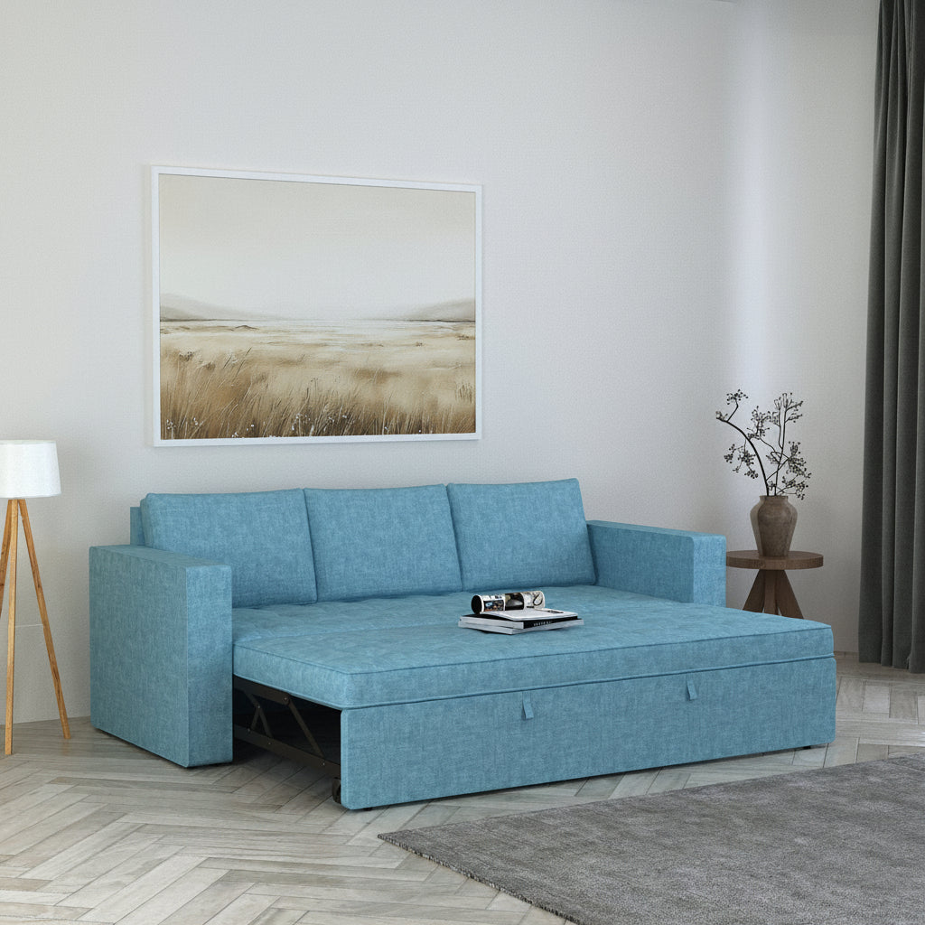 FABRIO Three Seater Upholstered Sofa Cum Bed Textured Suede - 12 Months Warranty -Suede Blue