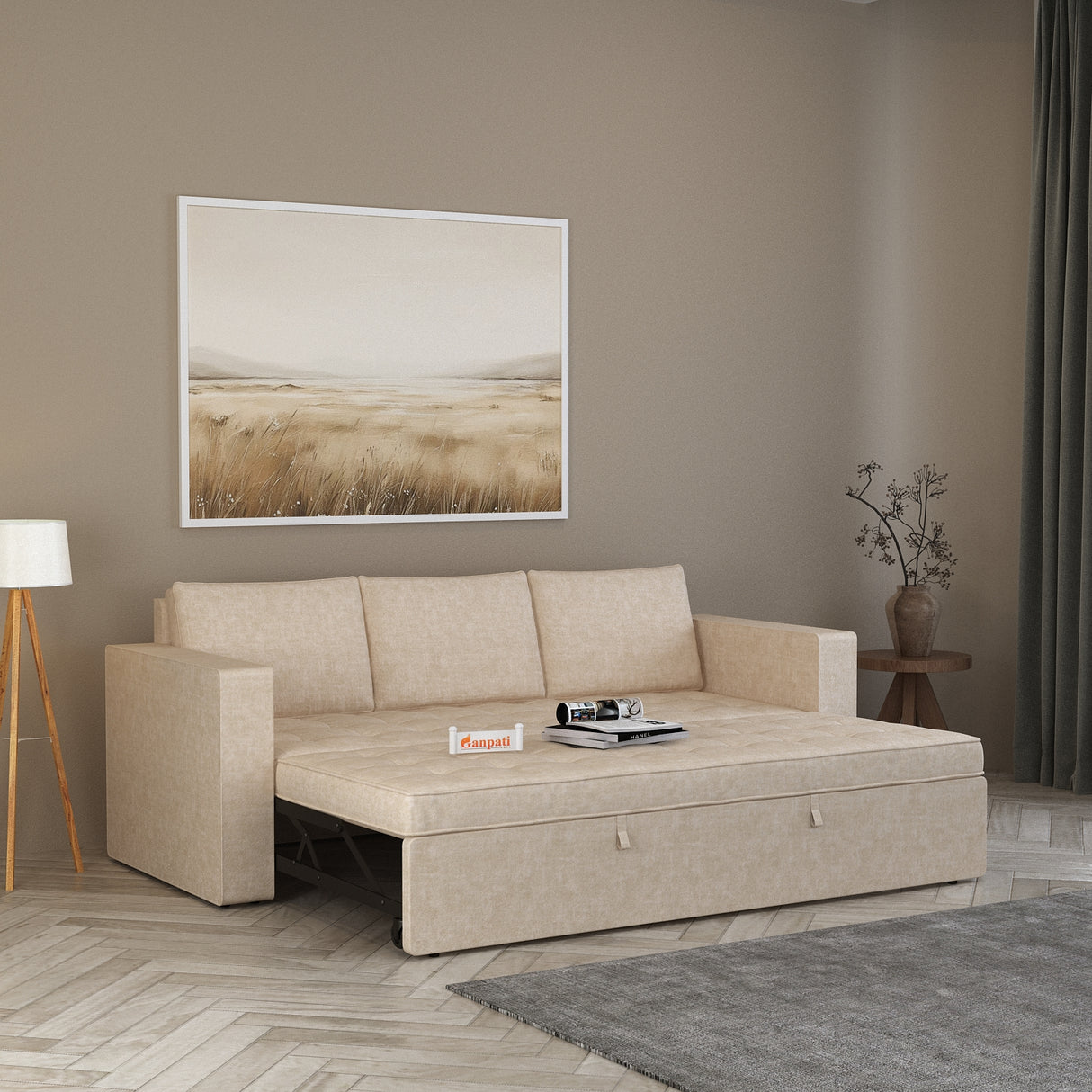 FABRIO Three Seater Upholstered Sofa Cum Bed Textured Suede - 12 Months Warranty -Suede Beige