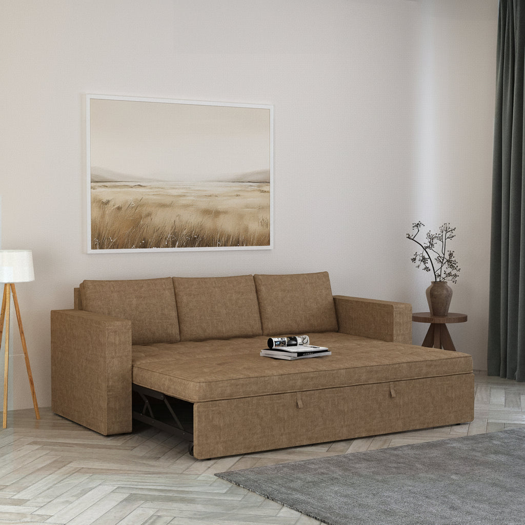 FABRIO Three Seater Upholstered Sofa Cum Bed Textured Suede - 12 Months Warranty -Suede Brown