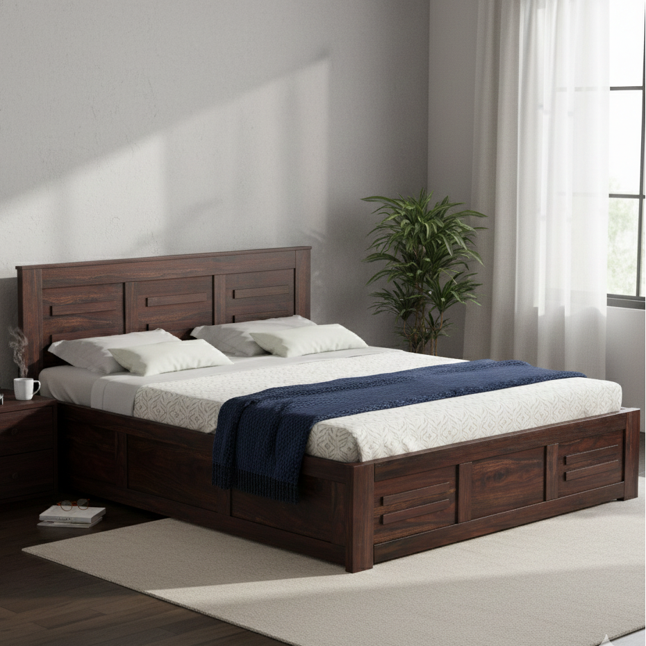 Swiss Solid Sheesham Wood Box Storage Bed - 3 years Warranty