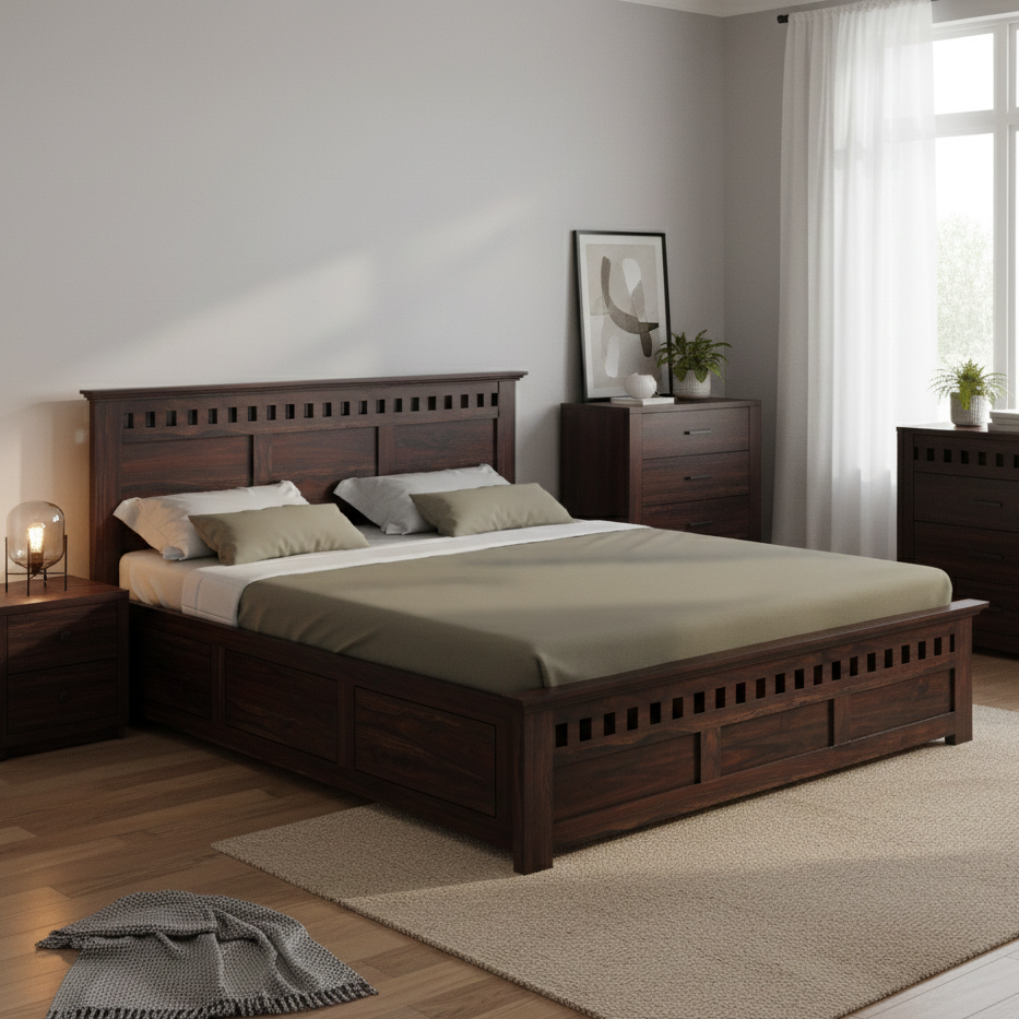 Armania Solid Sheesham Wood Bed With Box Storage - 3 Years Warranty