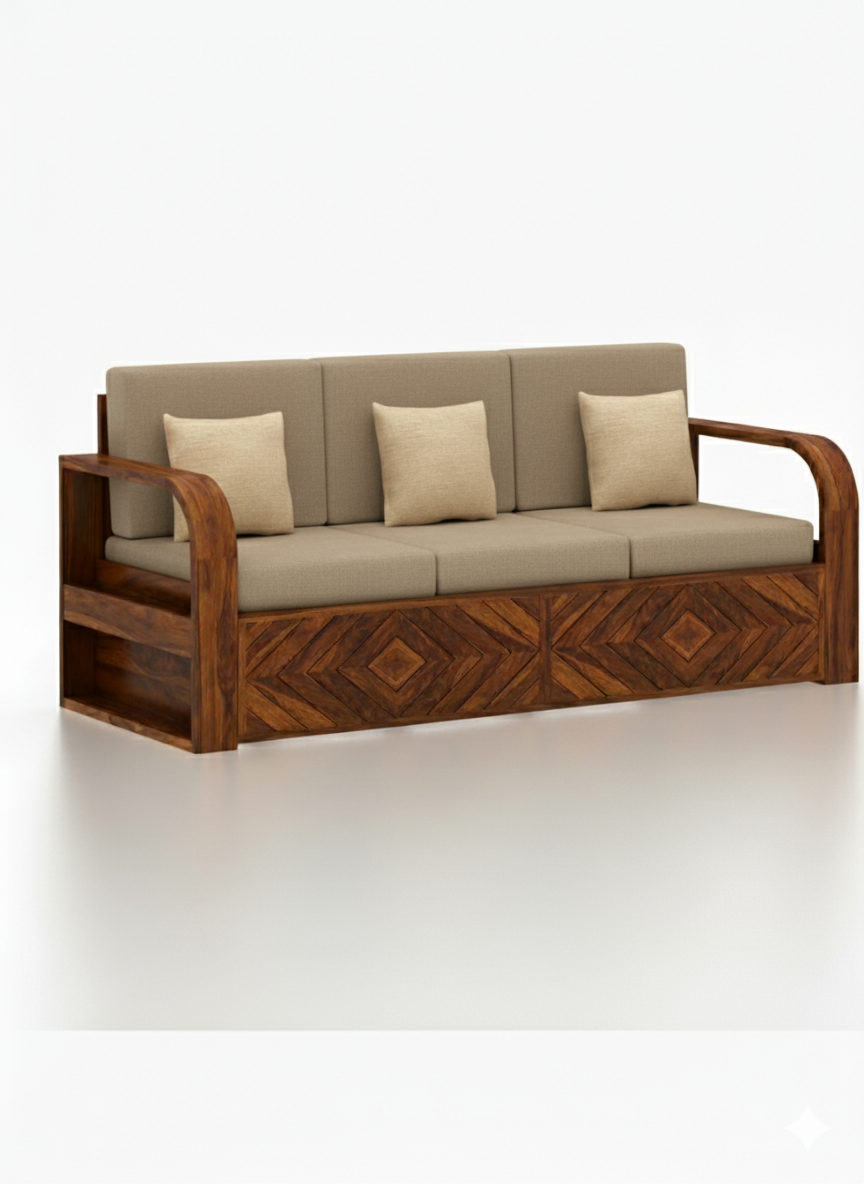 Wave Solid Sheesham Wood 3 Seater Sofa With Side Pockets - 3 Years Warranty