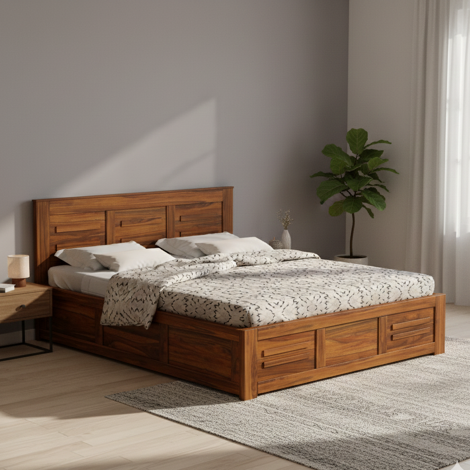 Swiss Solid Sheesham Wood Box Storage Bed - 3 years Warranty