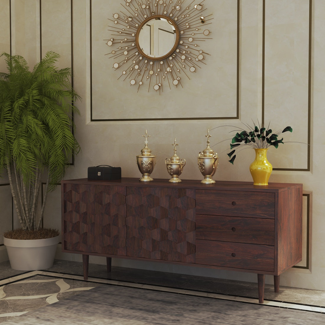 Hexa Solid Sheesham Wood Sideboard With Doors and Drawer Storage - 3 Years Warranty