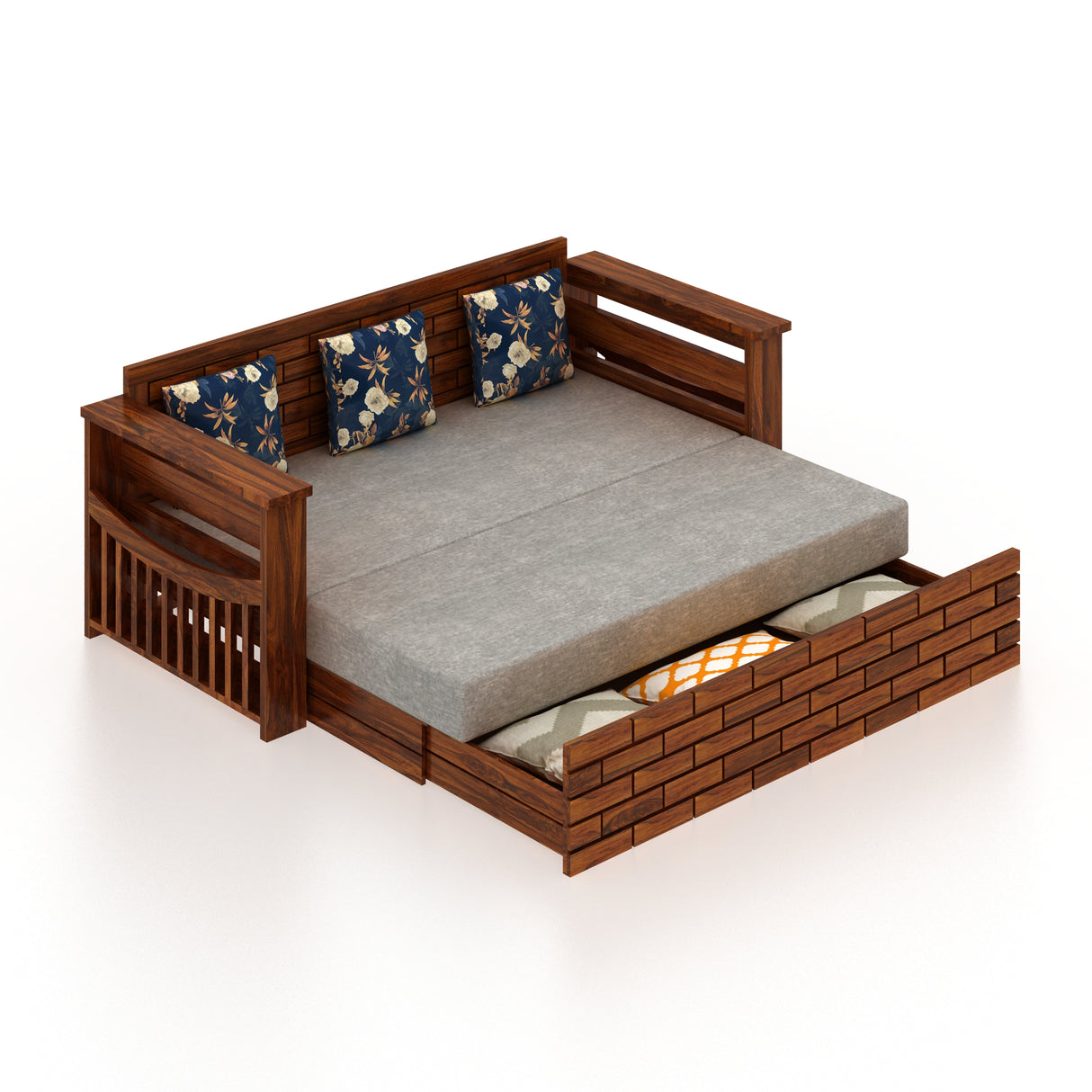 Italian Solid Sheesham Wood 3 Seater Sofa Cum Bed With Headboard and Mini Storage - 3 Year Warranty