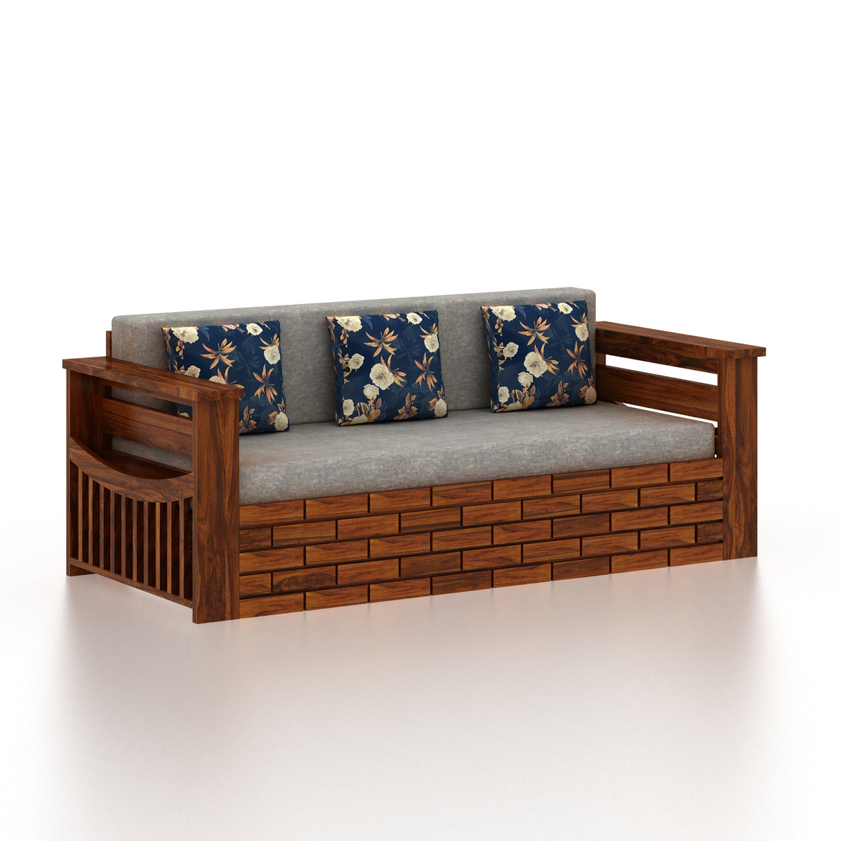 Italian Solid Sheesham Wood 3 Seater Sofa Cum Bed With Headboard and Mini Storage - 3 Year Warranty