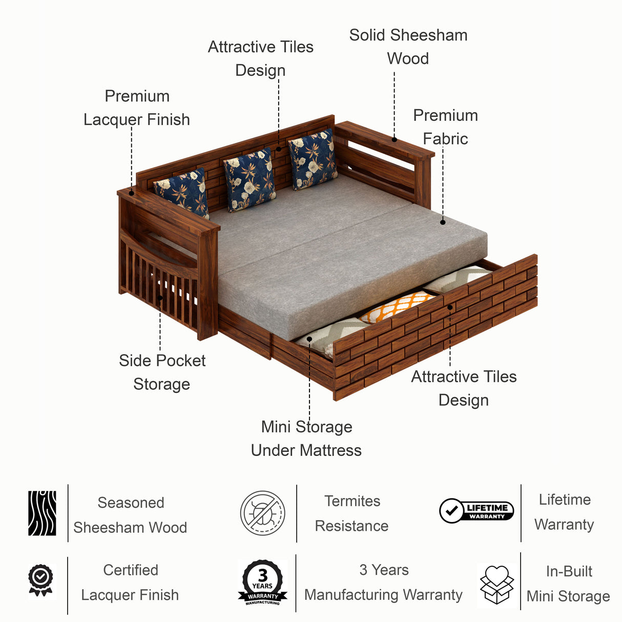 Italian Solid Sheesham Wood 3 Seater Sofa Cum Bed With Headboard and Mini Storage - 3 Year Warranty