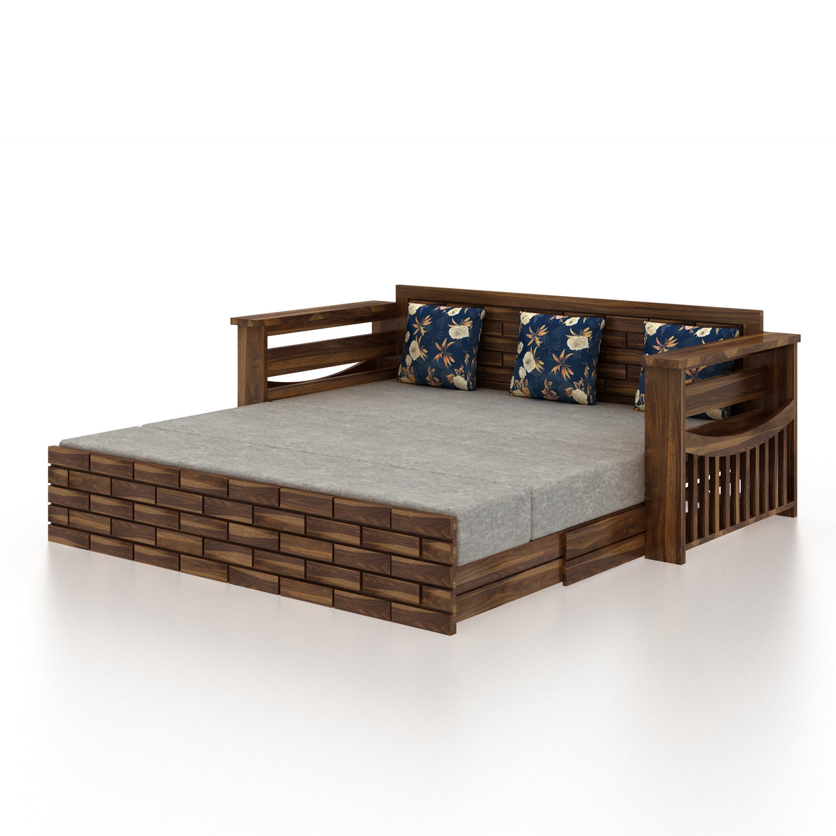 Italian Solid Sheesham Wood 3 Seater Sofa Cum Bed With Headboard and Mini Storage - 3 Year Warranty