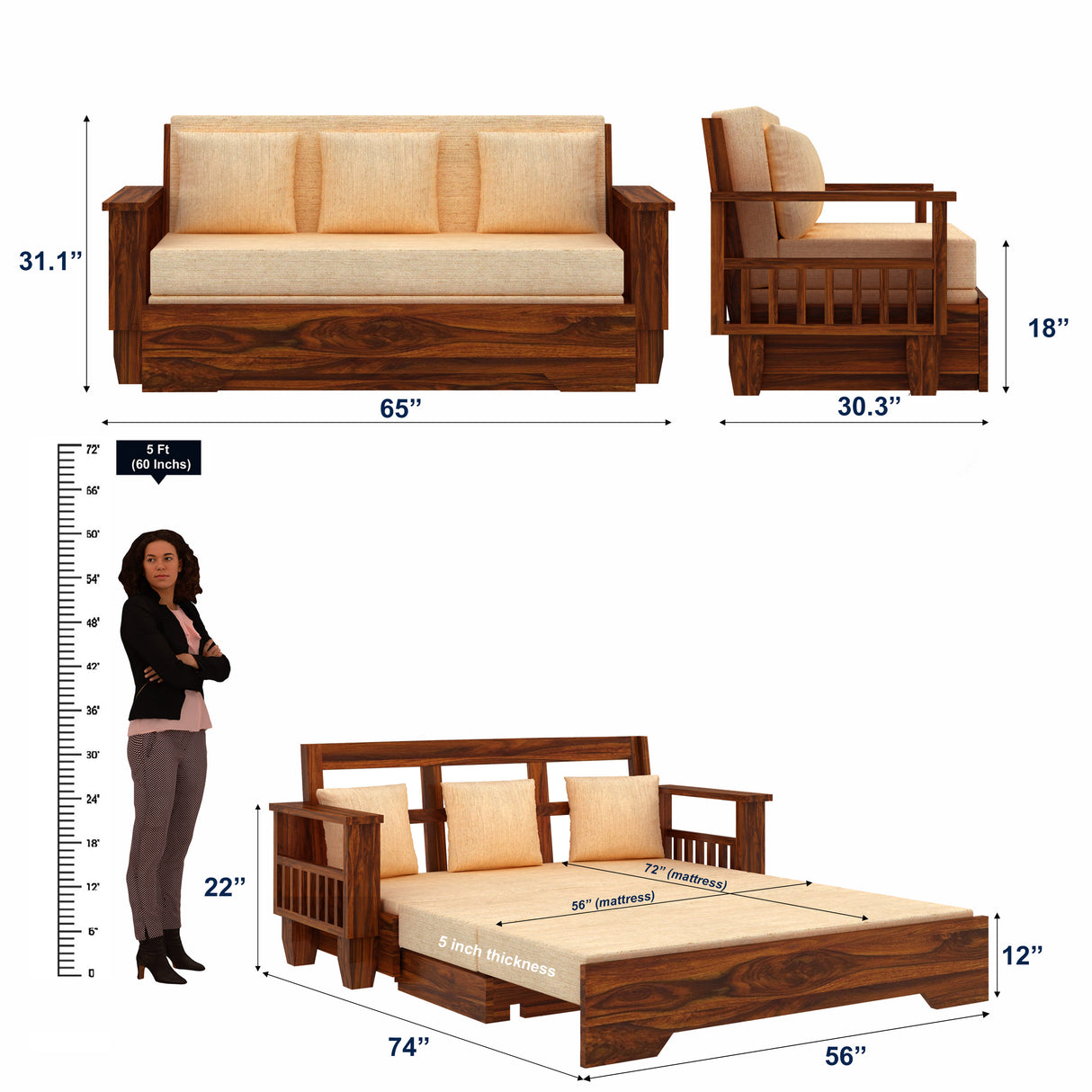 Maharaja Solid Sheesham Wood 3 Seater Sofa Cum Bed With Side Pockets - 3 Years Warranty