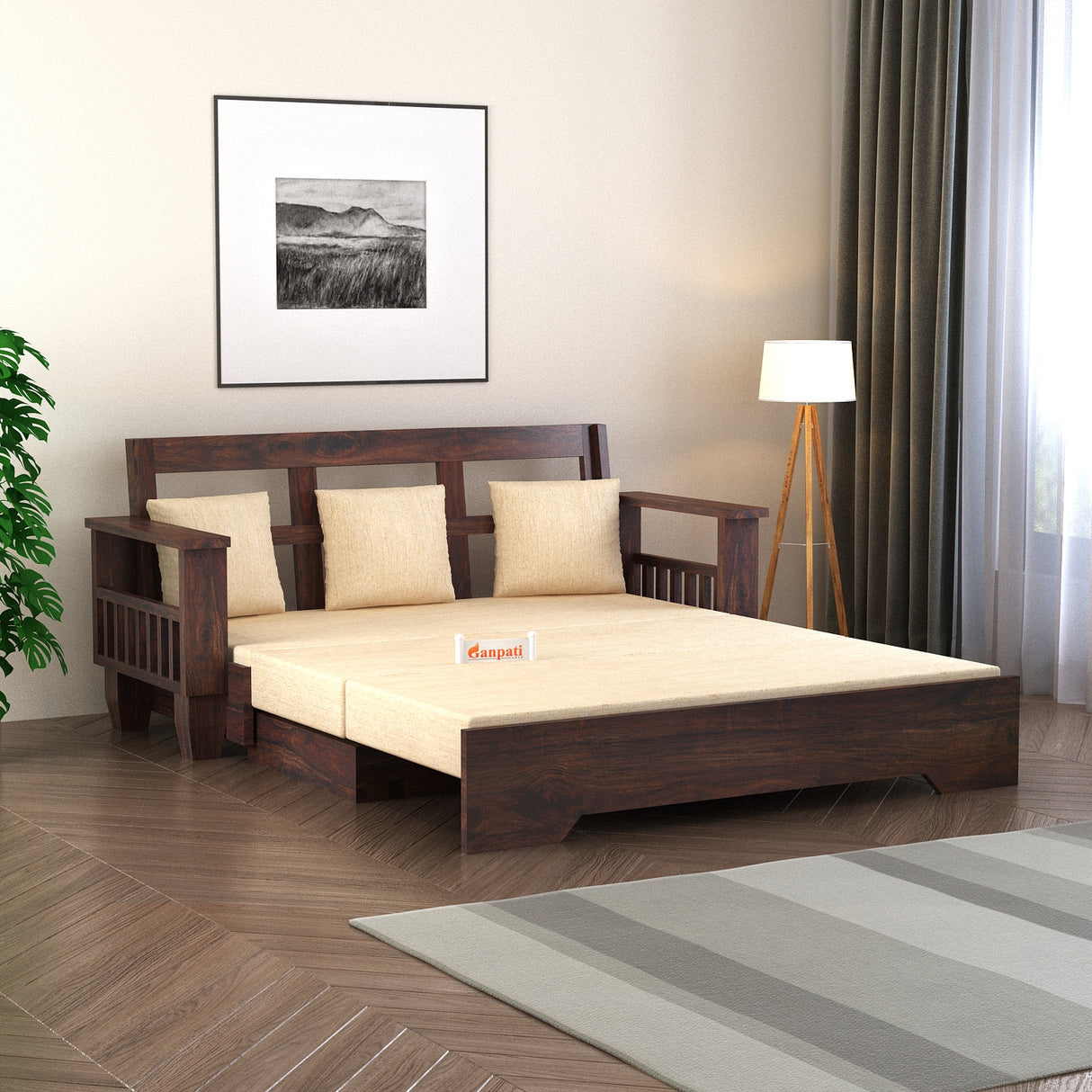Maharaja Solid Sheesham Wood 3 Seater Sofa Cum Bed With Side Pockets - 3 Years Warranty