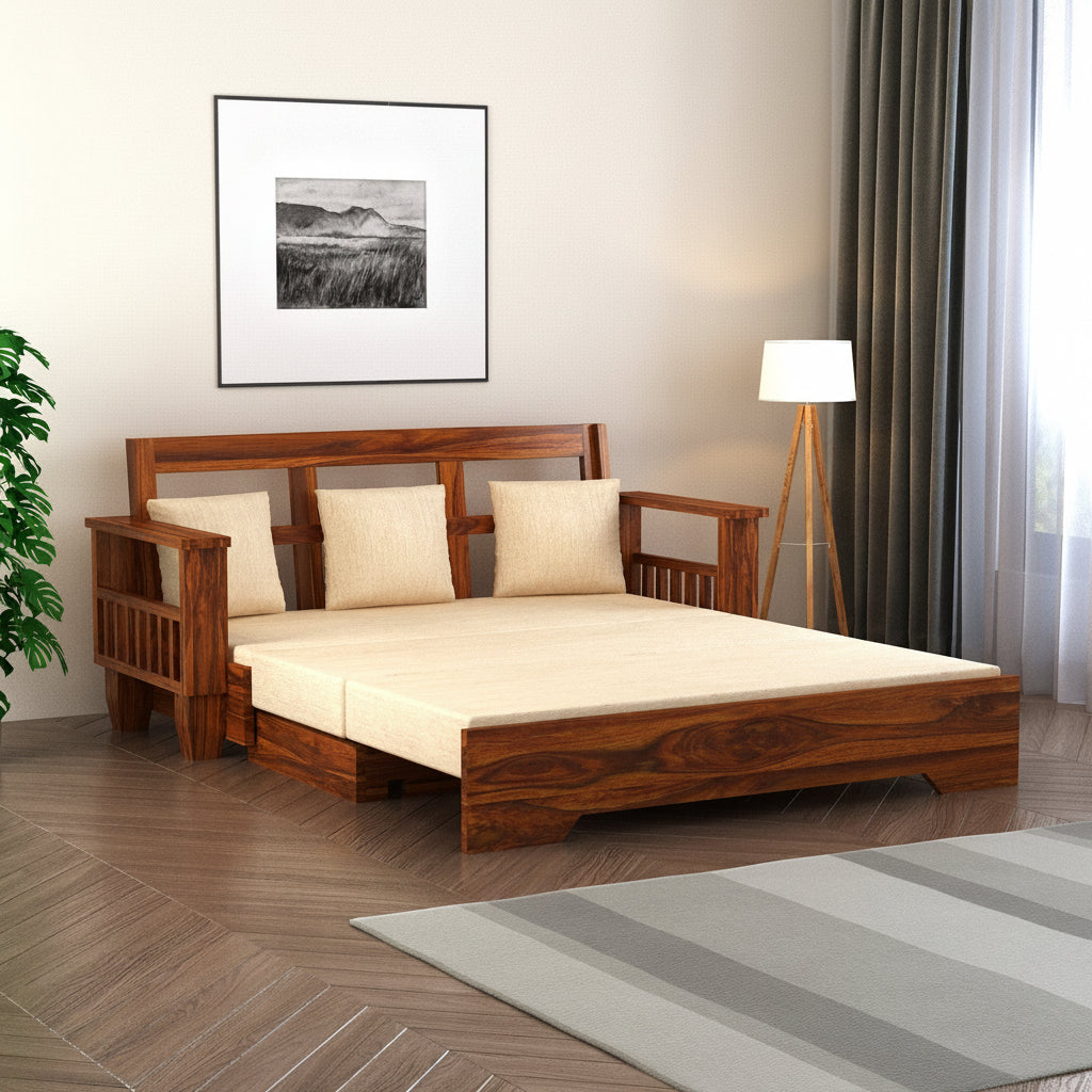 Maharaja Solid Sheesham Wood 3 Seater Sofa Cum Bed With Side Pockets - 3 Years Warranty
