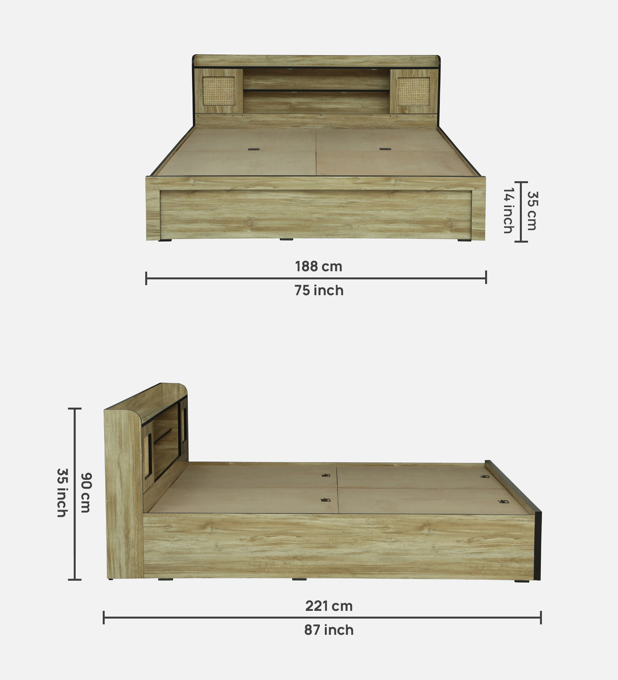 COPS Engineered Wood Bed with Box and Headboard Storage (STONE) - 12 Months Warranty