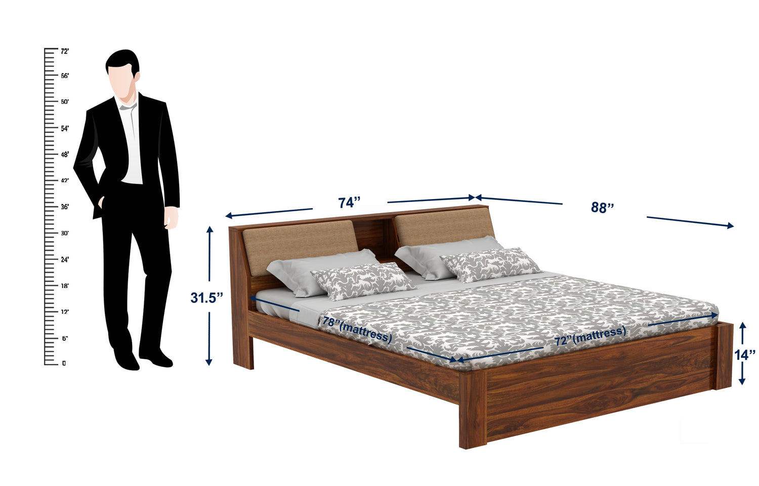 Mayor Solid Sheesham Wood Bed Without Storage - 3 Years Warranty