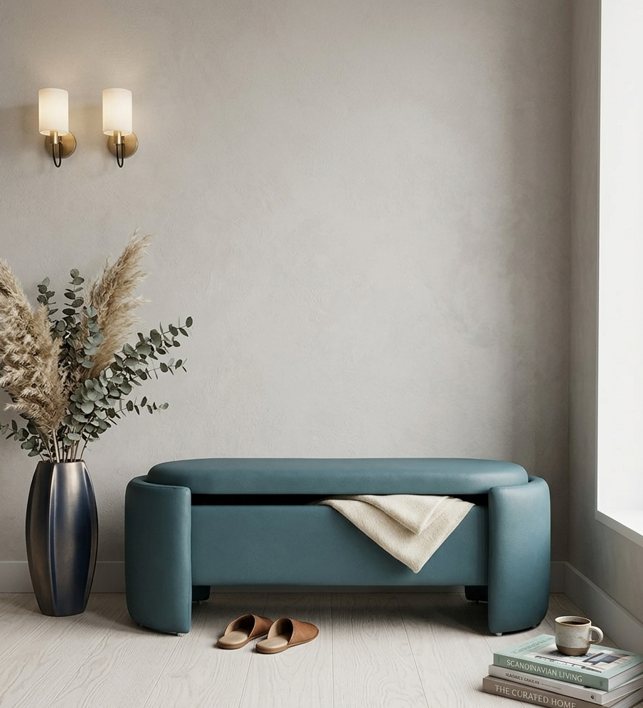 LOUISE Upholstered Ottoman Bench With Storage - 12 Months Warranty(Teal Blue)