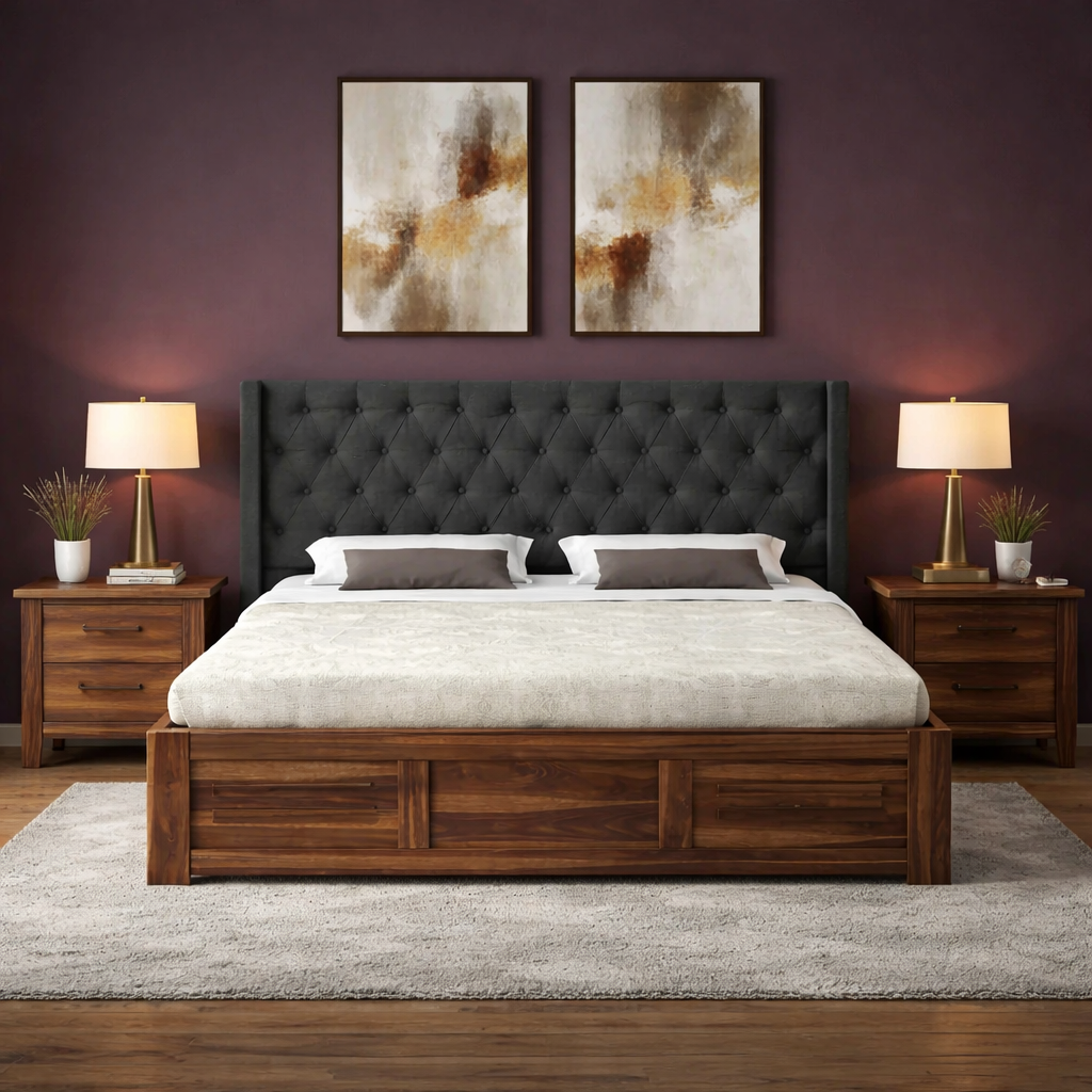 Swiss Solid Sheesham Wood Bed With Box Storage & Fabrio Style Upholstered Headboard-3 years Warranty(LUXE EDITION)