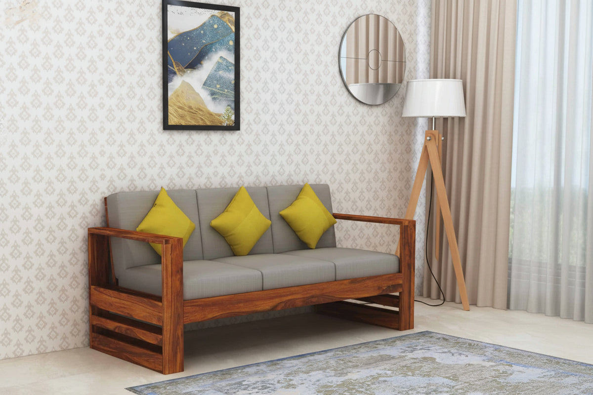 Lurid Solid Sheesham Wood 3 Seater Sofa With Side Pockets - 3 Years Warranty