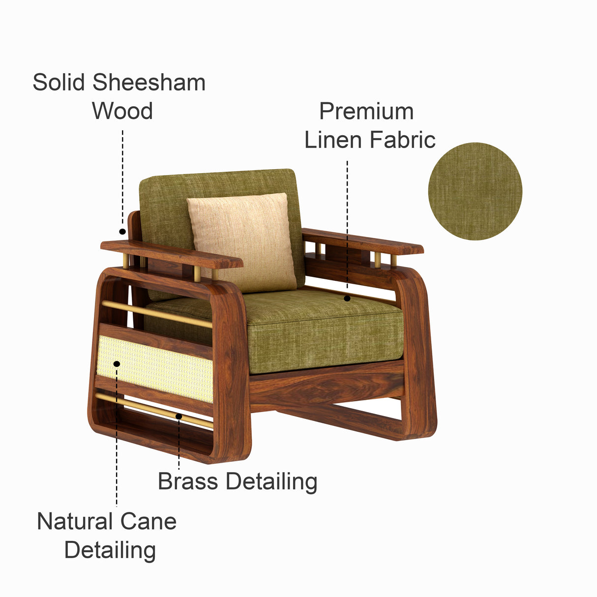 Edin Solid Sheesham Wood Single Seater Sofa With Cane & Brass Detailing - 3 Year Warranty (LUXE EDITION)