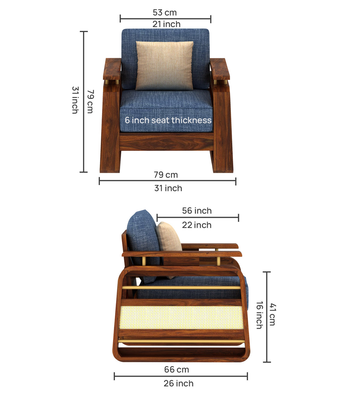 Edin Solid Sheesham Wood Single Seater Sofa With Cane & Brass Detailing - 3 Year Warranty (LUXE EDITION)