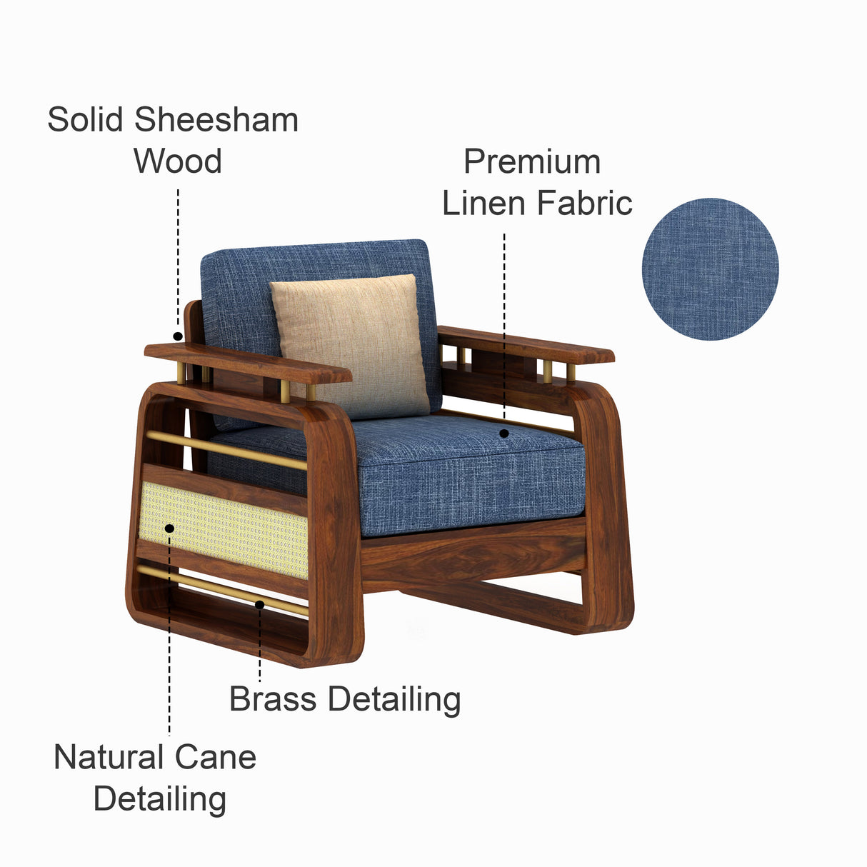 Edin Solid Sheesham Wood Single Seater Sofa With Cane & Brass Detailing - 3 Year Warranty (LUXE EDITION)