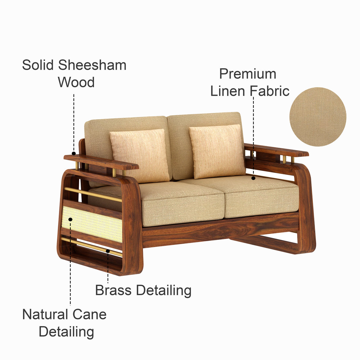 Edin Solid Sheesham Wood 2 Seater Sofa With Cane & Brass Detailing - 3 Year Warranty (LUXE EDITION)