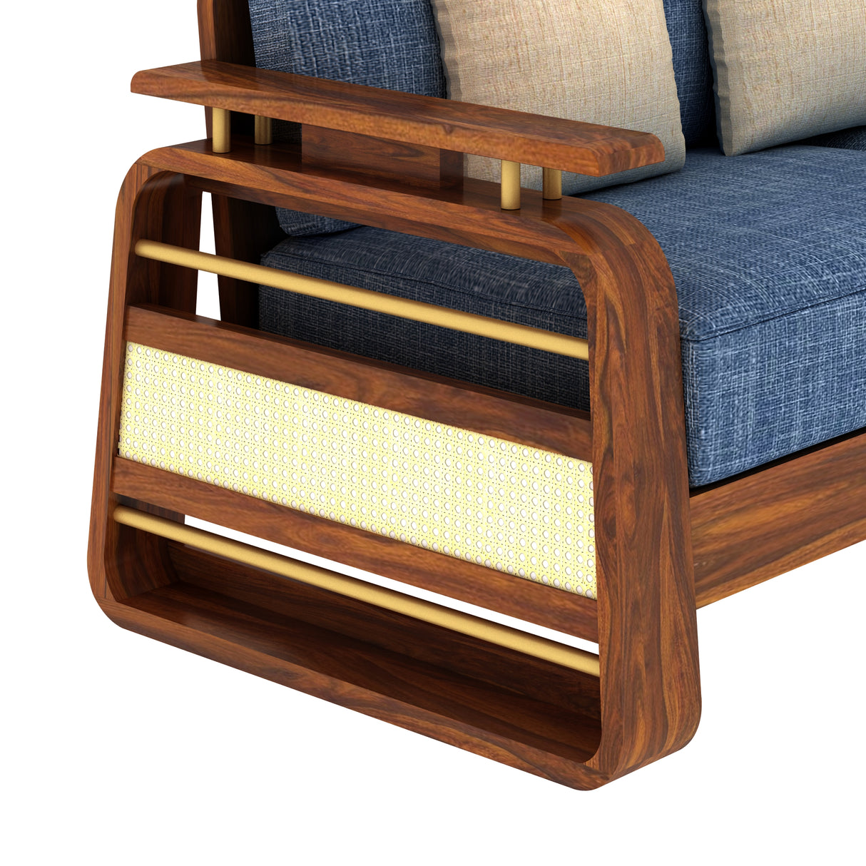 Edin Solid Sheesham Wood 3 Seater Sofa With Cane & Brass Detailing - 3 Year Warranty (LUXE EDITION)