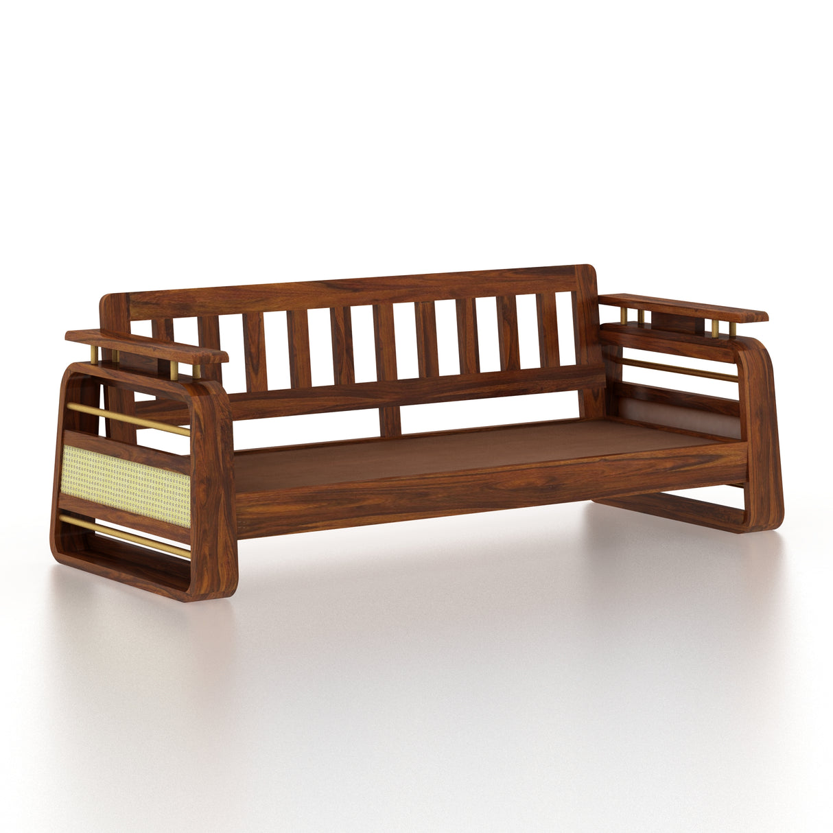 Edin Solid Sheesham Wood 3 Seater Sofa With Cane & Brass Detailing - 3 Year Warranty (LUXE EDITION)