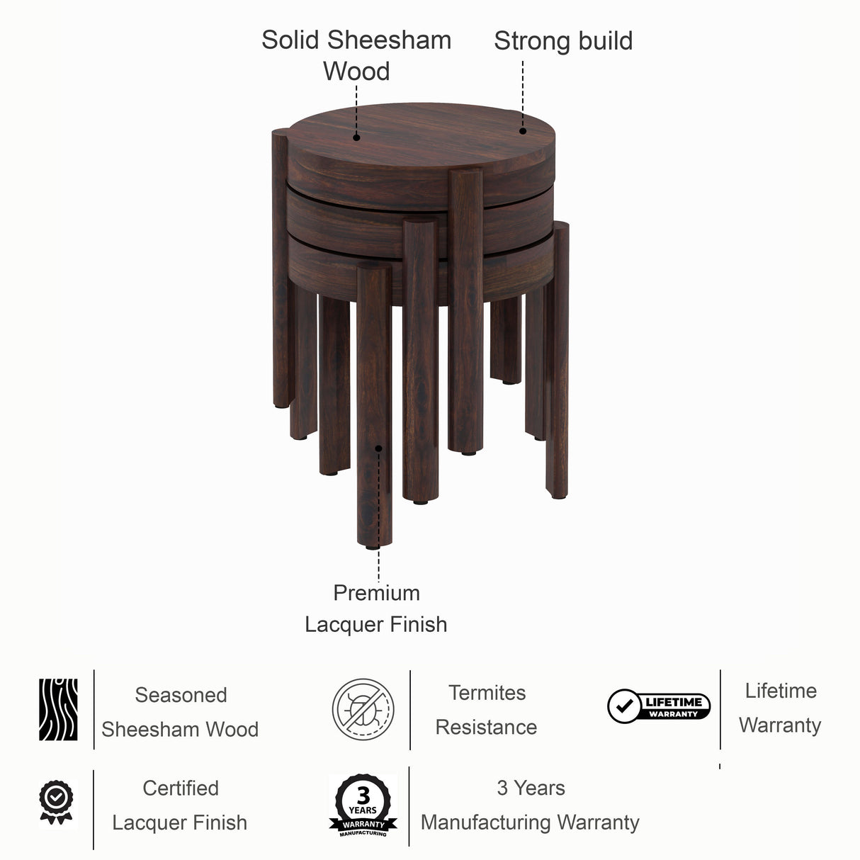 Round Solid Sheesham Wood Nesting Stools - 3 Years Warranty