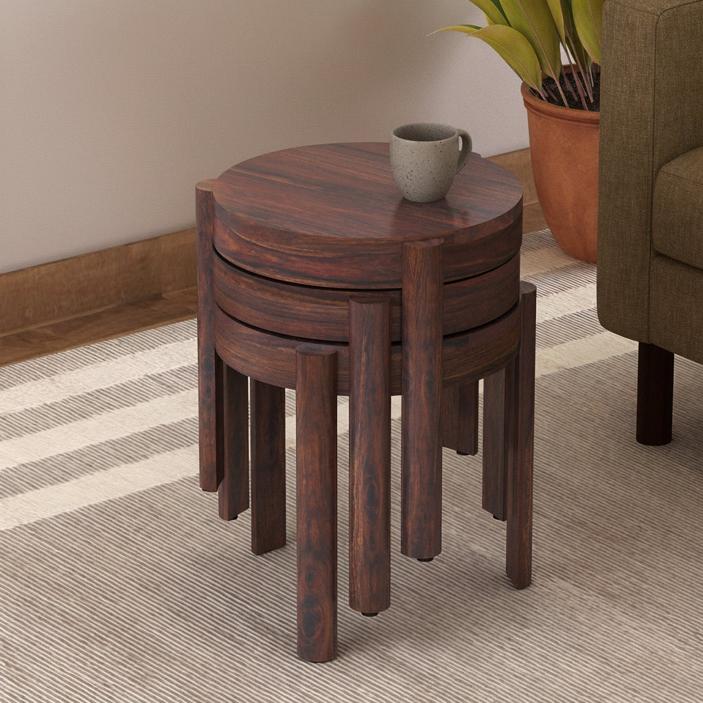 Round Solid Sheesham Wood Nesting Stools - 3 Years Warranty