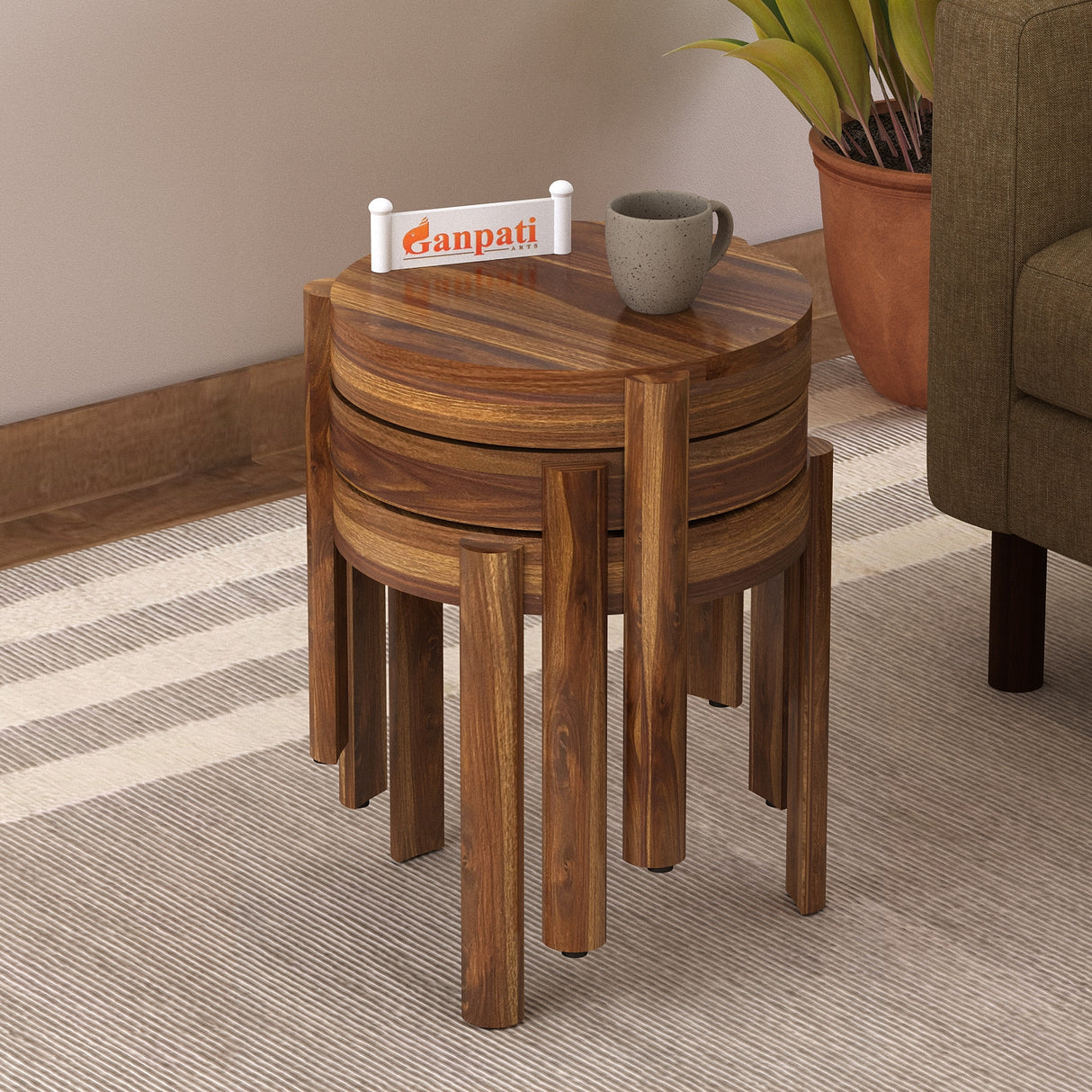 Round Solid Sheesham Wood Nesting Stools - 3 Years Warranty