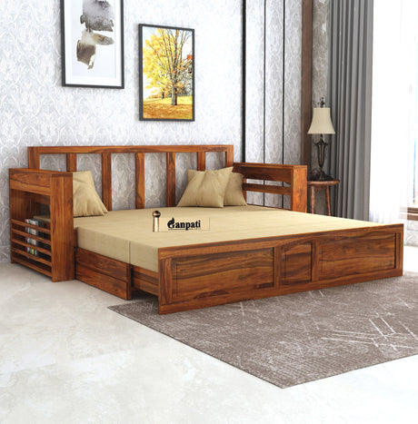 Lurid Solid Sheesham Wood 3 Seater Sofa Cum Bed Walnut with Side Pockets - 1 Year Warranty
