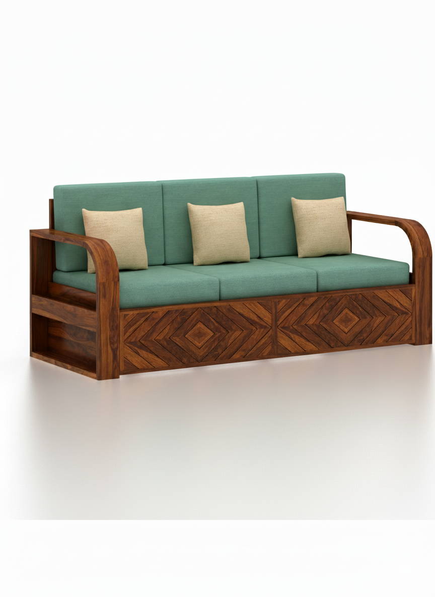 Wave Solid Sheesham Wood 3 Seater Sofa With Side Pockets - 3 Years Warranty