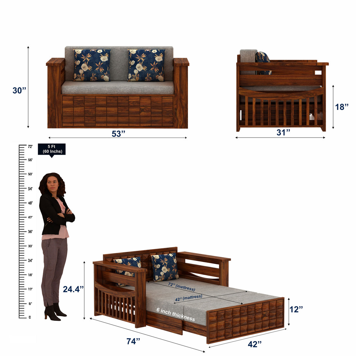 OSLO Solid Sheesham Wood 2 Seater Sofa Cum Bed With Headboard and Mini Storage - 3 Years Warranty