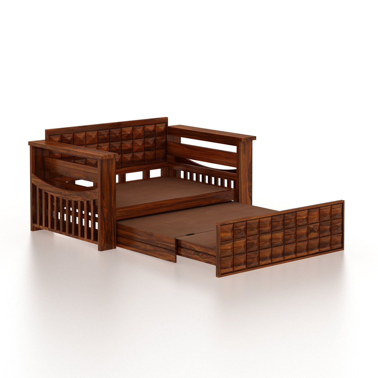 OSLO Solid Sheesham Wood 2 Seater Sofa Cum Bed With Headboard and Mini Storage - 3 Years Warranty