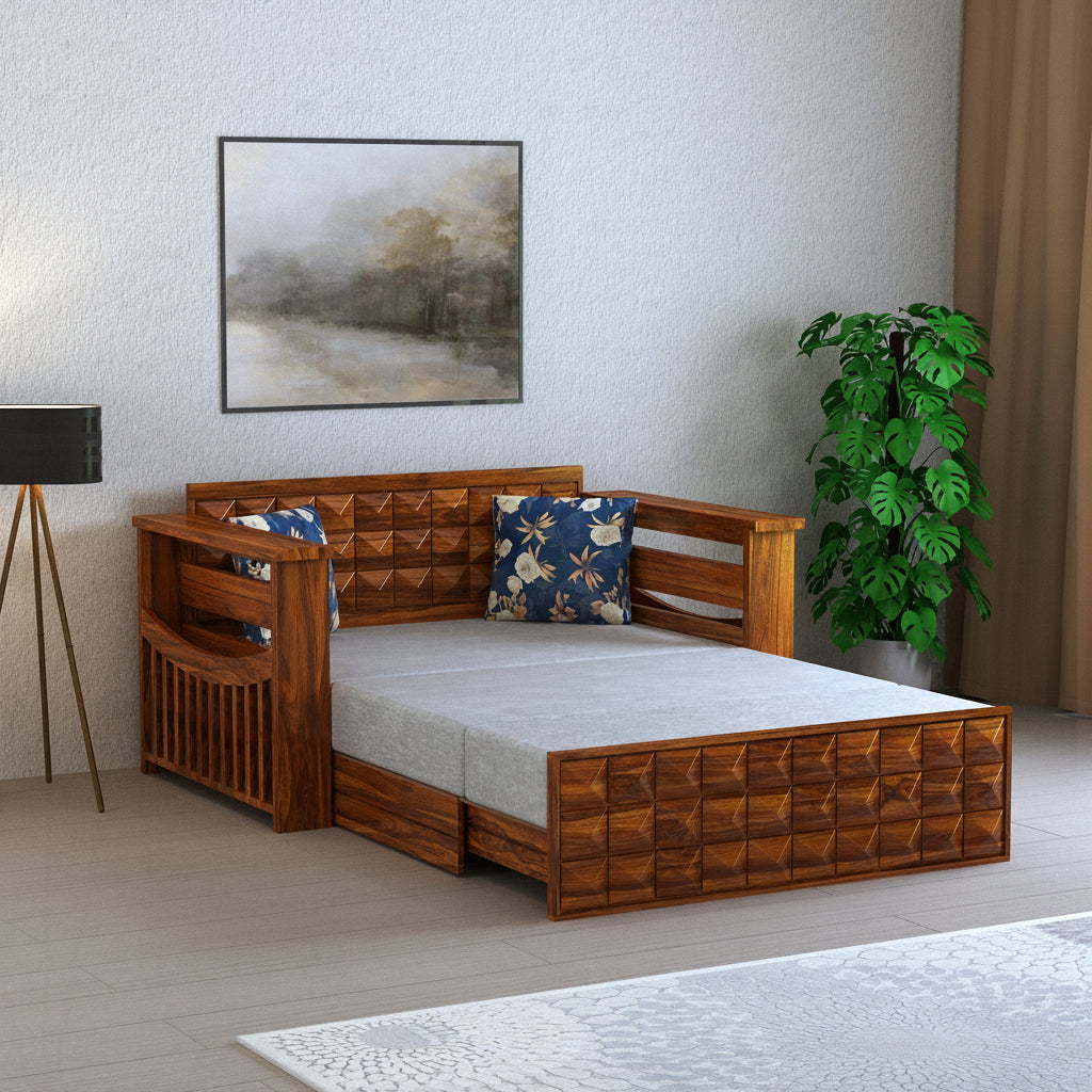 OSLO Solid Sheesham Wood 2 Seater Sofa Cum Bed With Headboard and Mini Storage - 3 Years Warranty