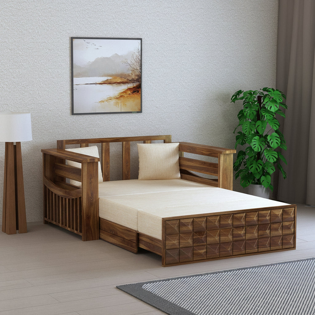 OSLO Solid Sheesham Wood Two Seater Sofa Cum Bed With Side Pocket - 3 Years Warranty