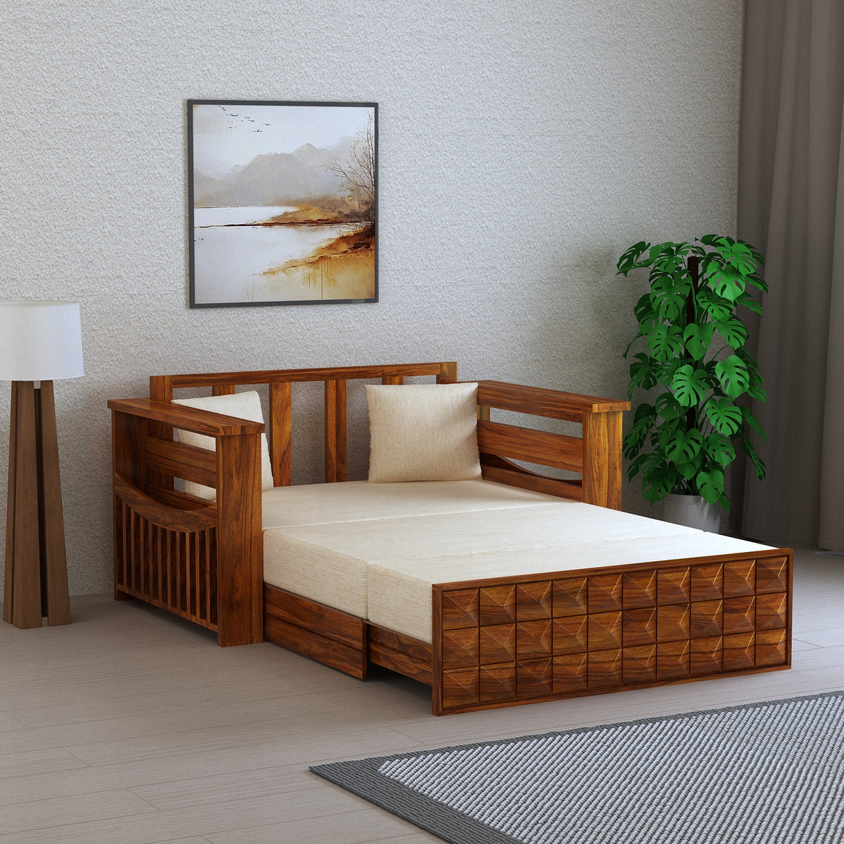 OSLO Solid Sheesham Wood Two Seater Sofa Cum Bed With Side Pocket - 3 Years Warranty