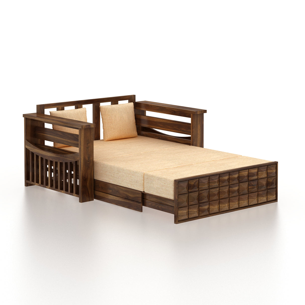 OSLO Solid Sheesham Wood Two Seater Sofa Cum Bed With Side Pocket - 3 Years Warranty
