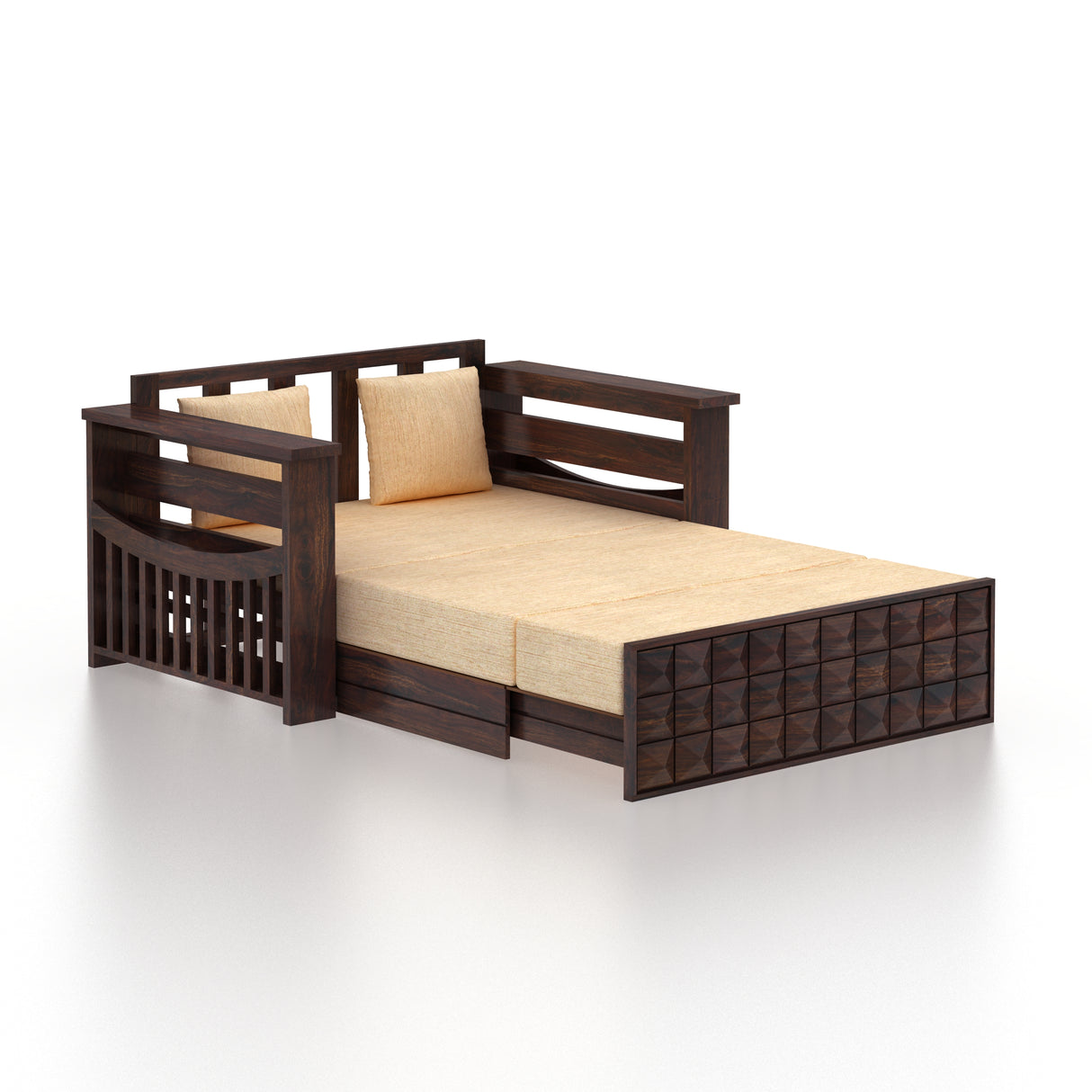 OSLO Solid Sheesham Wood Two Seater Sofa Cum Bed With Side Pocket - 3 Years Warranty