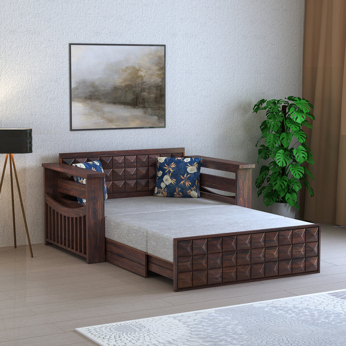 OSLO Solid Sheesham Wood 2 Seater Sofa Cum Bed With Headboard and Mini Storage - 3 Years Warranty