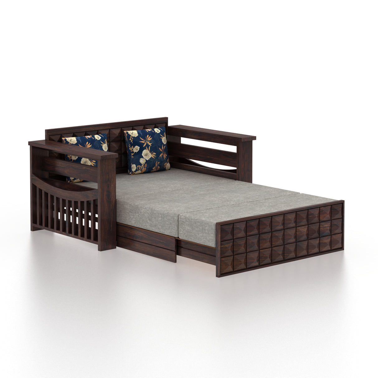 OSLO Solid Sheesham Wood 2 Seater Sofa Cum Bed With Headboard and Mini Storage - 3 Years Warranty