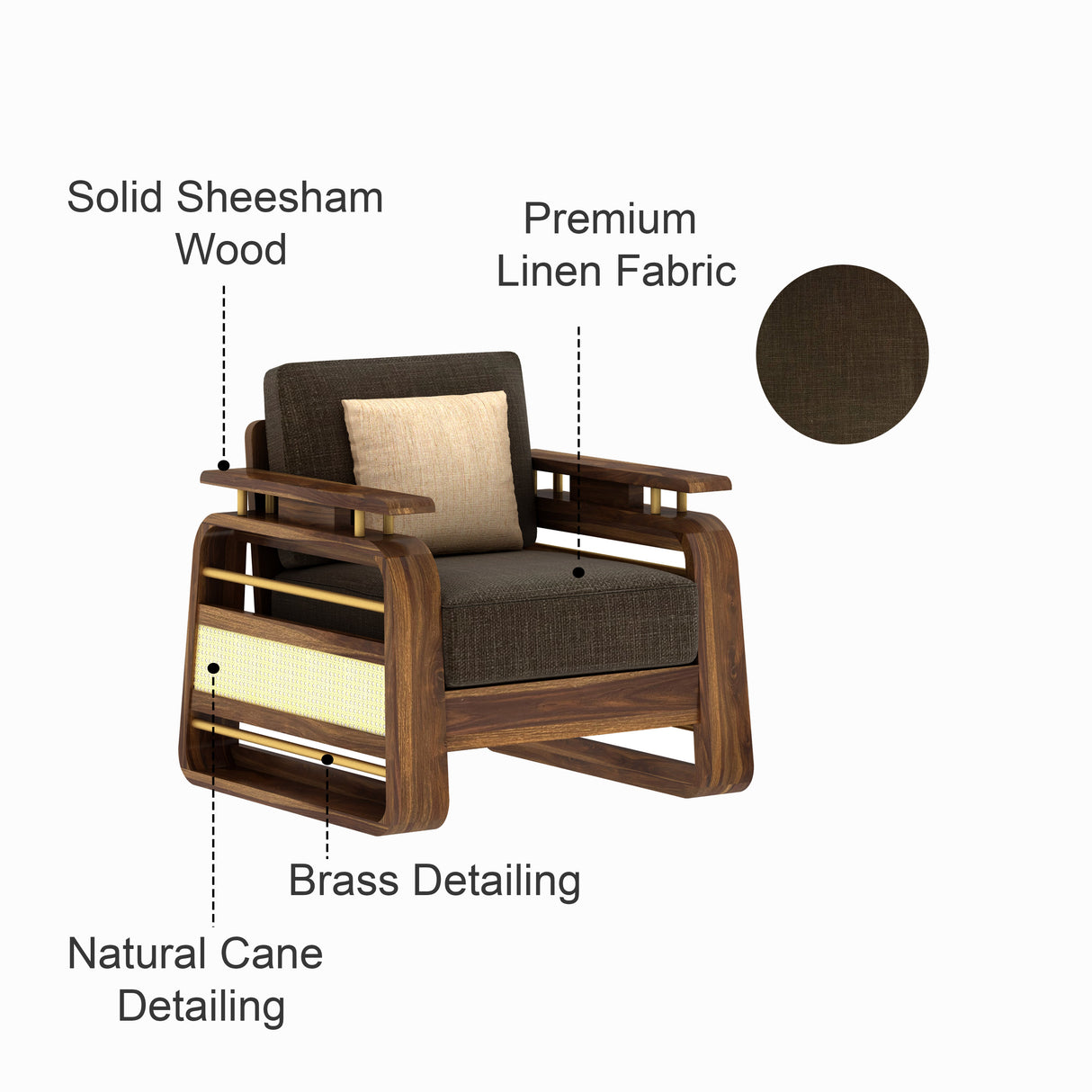 Edin Solid Sheesham Wood Single Seater Sofa With Cane & Brass Detailing - 3 Year Warranty (LUXE EDITION)