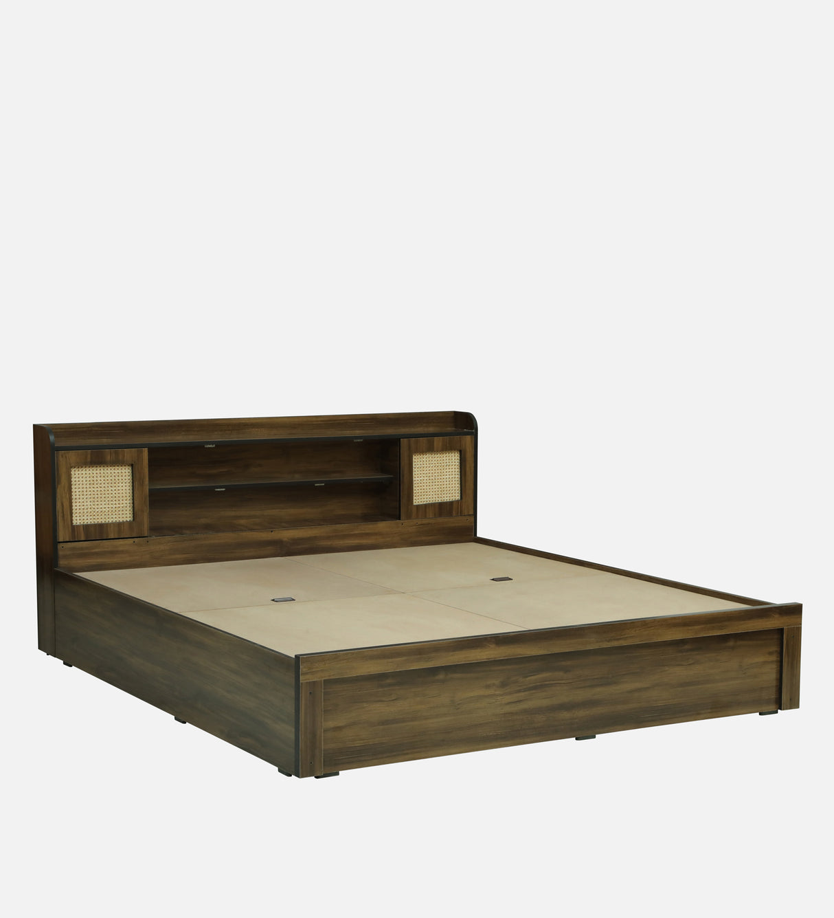 COPS Engineered Wood Bed with Box and Headboard Storage (Walnut) - 12 Months Warranty
