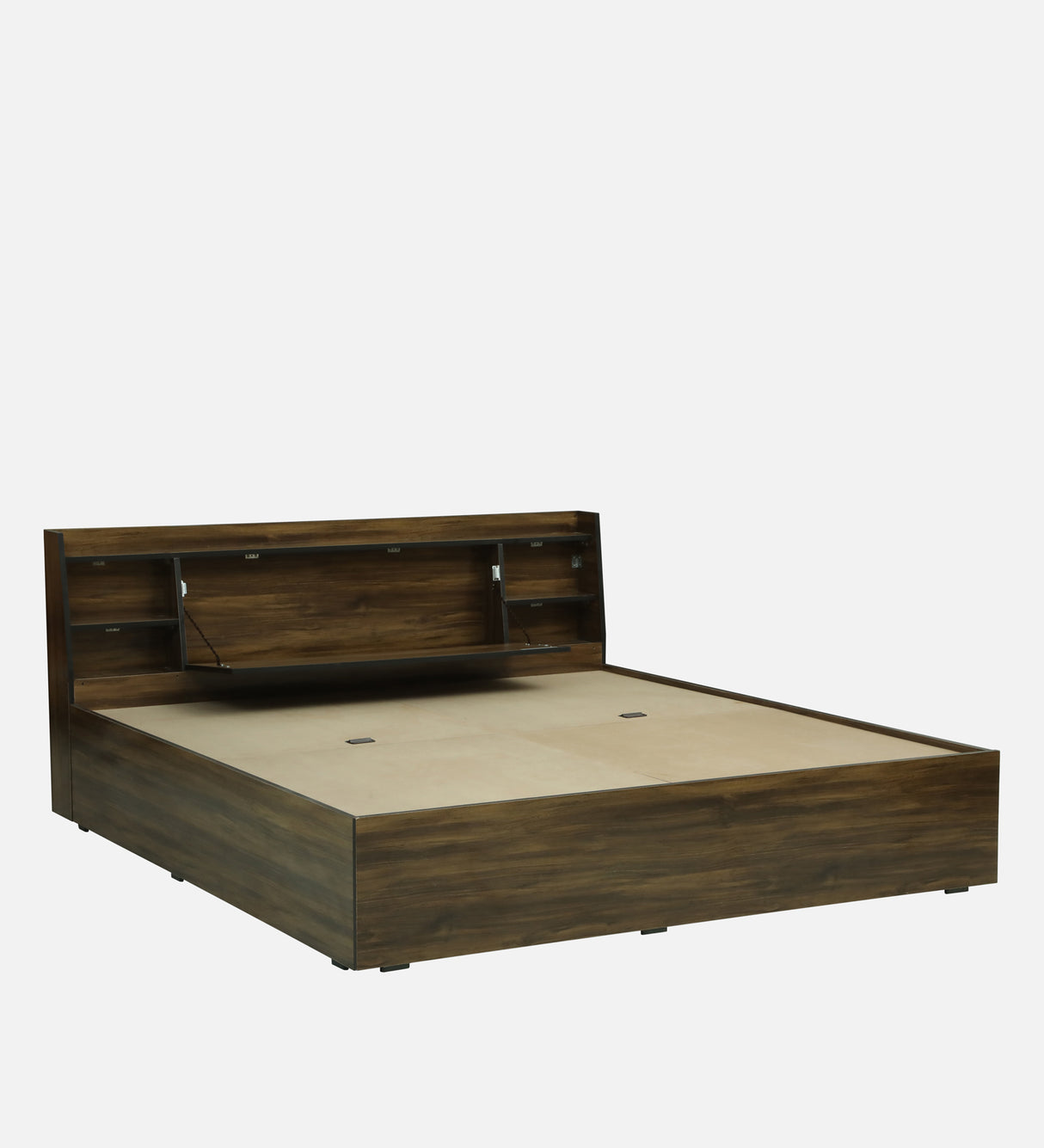 Vento Engineered Wood Bed with Box and Headboard Storage (Walnut) - 12 Months Warranty