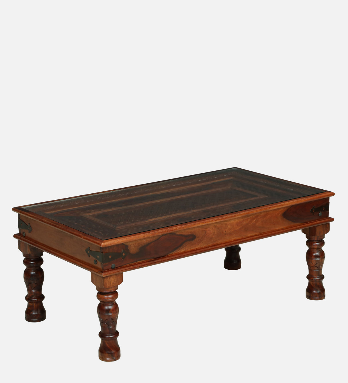 LEELA Solid Sheesham Wood Coffee Table With Glass and Brass Detailing - 3 Years Warranty